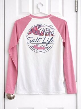 Salt Life Kids Pink White Long Sleeve Rash Guard Swim Shirt Y8 UPF